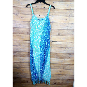 Pineapple Moon Dress Large Blue White Flowers Sleeveless Fringe Summer Hawaiian